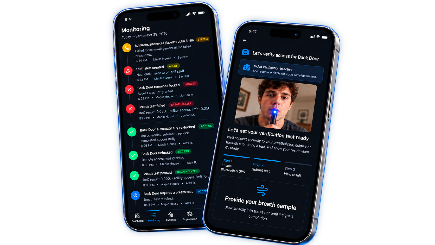 SoberAuth mobile app showing facility access and accountability features